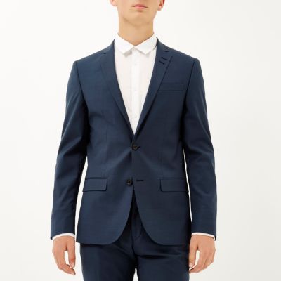 Blue wool blend slim suit jacket